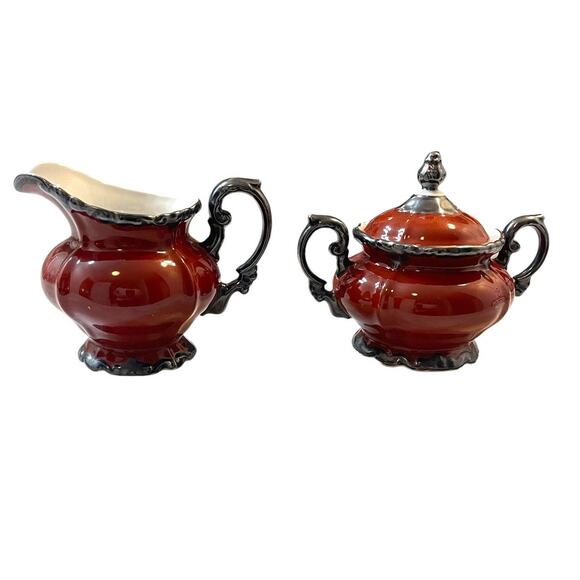 Johann Seltmann Bavaria Red Creamer & Sugar Bowl Set Vohenstrauß Germany - Picture 2 of 8